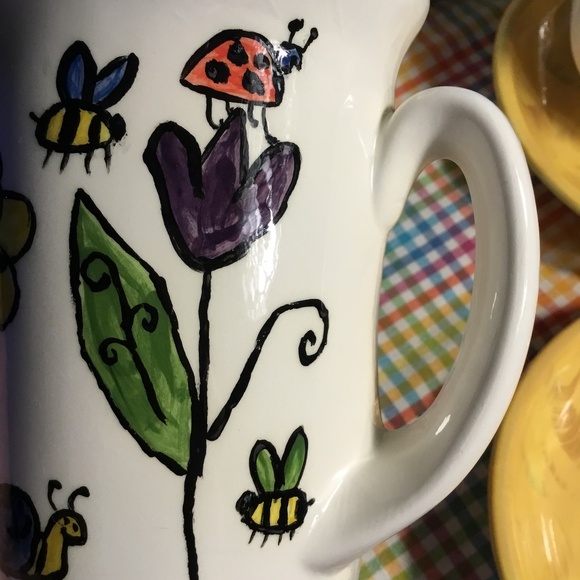 Handmade Ceramic Mug & Saucer w/Unique Design Hand-painted Bugs~Flowers~Bees - Picture 3 of 12
